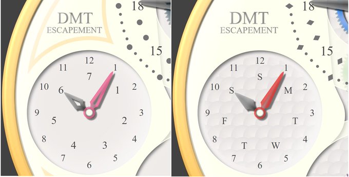 The image shows two clocks, one white with black numbers and a red hand and the other white with black numbers and a pink hand. The clocks display different times, which could be interpreted as a comparison of time zones or a discussion about time-related topics such as escapement in clocks.