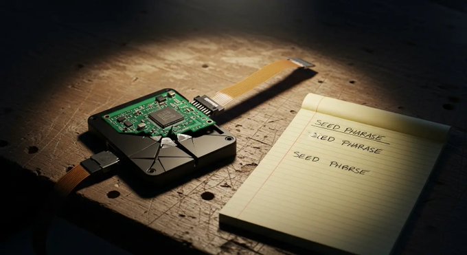 A cracked cryptocurrency hardware wallet sits on a wooden surface next to a yellow notepad with 'SEED PHRASE' written multiple times in handwriting.