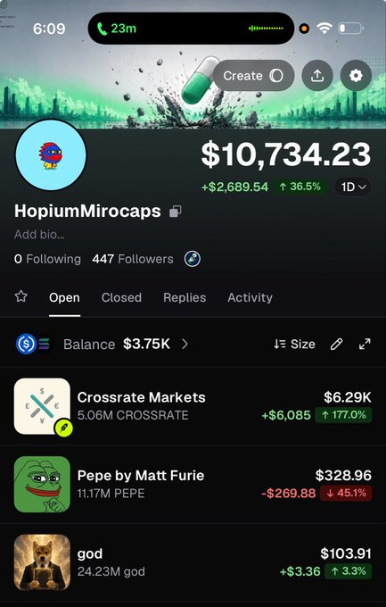 A mobile app screenshot showing a cryptocurrency portfolio for the account 'HopiumMirocaps' with a balance of $10,734.23 (up 36.5%), displaying holdings in tokens including CROSSRATE ($6.29K), PEPE by Matt Furie ($328.96), and god ($103.91).