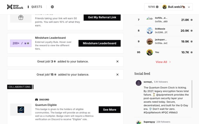 Screenshot of the Quip Network quests dashboard showing a referral link promo, a Mindshare Leaderboard with 200+ weekly points, job reward notifications, and a social feed mentioning the Quantum Doom Clock and #QDay.