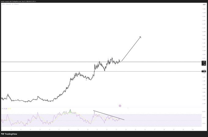 A TradingView chart for the AAVE/USD pair on Coinbase (1-hour timeframe) shows recent bullish price action breaking above a resistance level around $300, with the RSI indicator in the lower panel displaying a bullish momentum reset forming higher lows after a dip, supporting the post's expectation of a continuation rally.