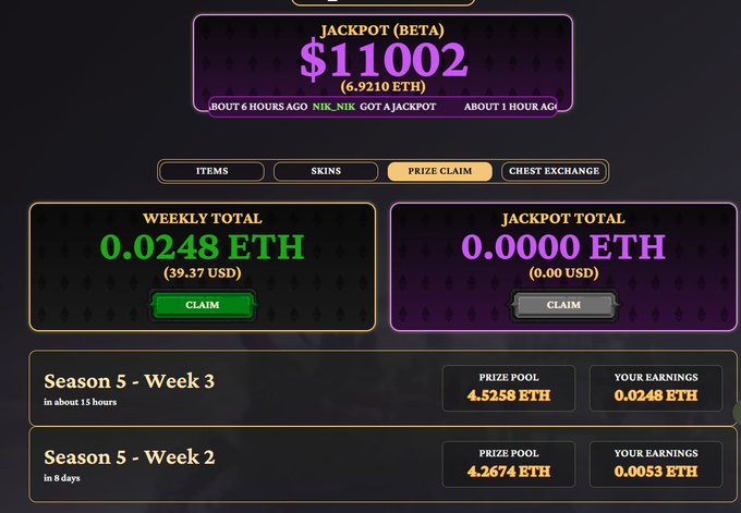 The image displays a game dashboard showing a $11,002 jackpot (6.9210 ETH), a weekly total of 0.0248 ETH ($39.37 USD), and season earnings from Week 2 and Week 3 of Season 5, illustrating the cashback and prize winnings the user received from Tollan Universe on Abstract Chain.
