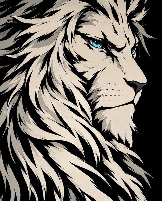 A stylized digital portrait of a lion with a flowing white mane and striking blue eyes against a black background.
