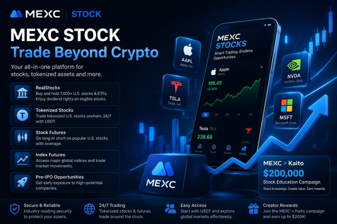 A MEXC promotional graphic titled "Trade Beyond Crypto" showcases the platform's new stock trading features, displaying a mobile phone interface with Apple (AAPL) at $195.45 and Tesla (TSLA) at $238.68, alongside logos for NVDA and MSFT. The ad highlights multiple stock products including RealStocks, Tokenized Stocks, Stock Futures, Index Futures, and Pre-IPO Opportunities, and also promotes a "$200,000 Stock Education Campaign" in partnership with Kaito, directly supporting the post's message about MEXC's expansion beyond cryptocurrency into traditional U.S. stocks and ETFs.