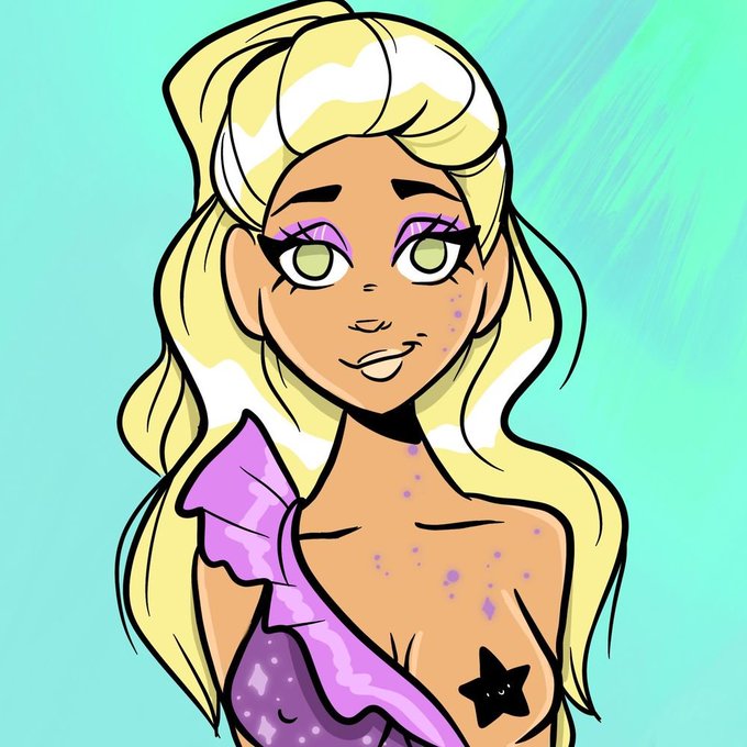 A cartoon illustration of a blonde woman with purple eyeshadow, freckles, and a purple top, featuring a black star design on her chest.