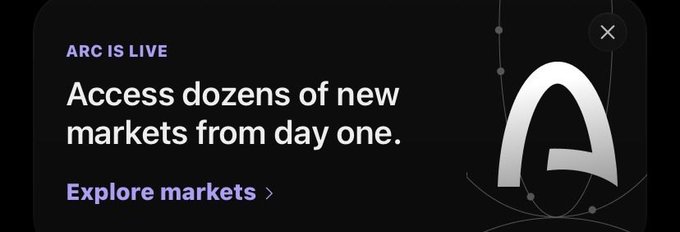 A promotional graphic with black background displays the text 'ARC IS LIVE - Access dozens of new markets from day one. Explore markets >' next to a stylized white 'A' logo.