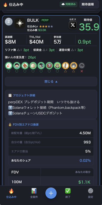 A mobile screen showing a "BULK PERP" token details page with an expected value of 35.9 points, $8M funding, $40M TVL/Vol, 50K participants, and an FDV of 100M ($1.1K share). The post references BULK's points distribution update, which corresponds to the expected point value and FDV metrics displayed.