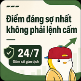 A white cartoon duck wearing a red cap stands next to a shield icon with '24/7' text, with Vietnamese text above and below it on a green background.