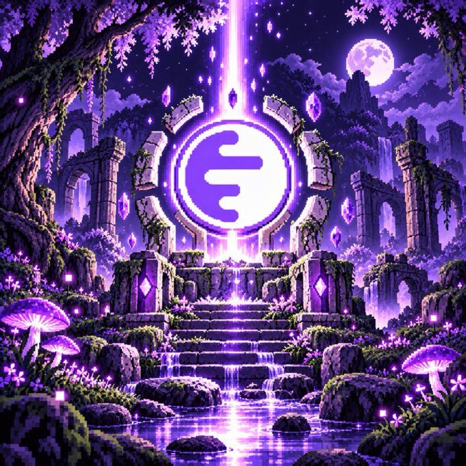 A pixel-art fantasy landscape featuring a glowing purple Crypto.com logo at the center of a mystical temple, surrounded by ruins, waterfalls, and glowing crystals under a full moon.
