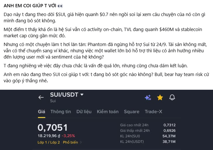 A Vietnamese social media post titled 'ANH EM COI GIÚP T VỚI' asking for opinions on the cryptocurrency $SUI, paired with a trading chart showing SUI/USDT at 0.7051, down 3.25%.