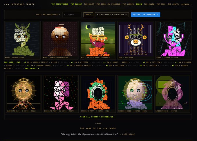 A dark-themed website interface for LATESTAGE.CHURCH titled 'THE SCRIPTORIUM,' displaying a gallery of colorful tarot-style digital art cards with categories like 'THE VOID,' 'PRIESTS,' and 'THE BALLOT.'