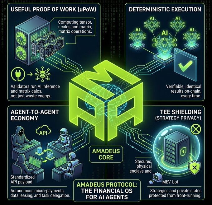 A technical infographic illustrating the 'Amadeus Protocol: The Financial OS for AI Agents,' detailing four components: Useful Proof of Work (uPoW), Deterministic Execution, Agent-to-Agent Economy, and TEE Shielding.