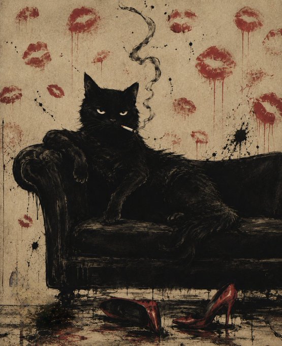 A stylized, dark painting features a black cat smoking a cigarette while lounging on a dark sofa, set against a beige background marked with dripping red lip imprints, with a pair of red high heels resting on the floor below.