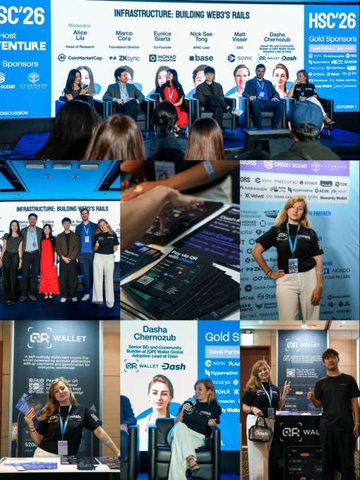 A collage of images from the HSC '26 event, showing panel discussions on "Infrastructure: Building Web3's Rails" featuring speakers like Alice Liu, Marco Cora, and Eunice Giarta, along with promotional material for RR Wallet and Dash.
