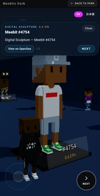 A screenshot from 'Meebits Park' showing a blocky 3D avatar of a person in a white shirt and grey shorts labeled 'Meebit #4754', priced at 0.6 ETH.