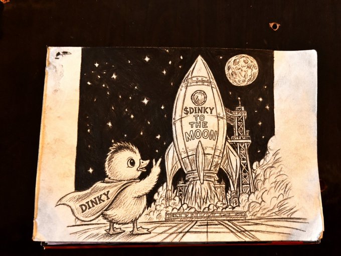 A handmade book cover illustration featuring a small duck-like character with a cape labeled "DINKY" pointing at a rocket ship emblazoned with "$DINKY TO THE MOON" against a starry night sky with a large moon, serving as original pencil artwork promoting the $DINKY cryptocurrency token. The hand-drawn piece aligns with the post's promotion of $DINKY by its artist @Crypto_Rexa.