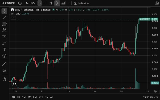 Trading chart on Binance showing ZROUSDT (LayerZero/TetherUS) at $1.316 with +2.65% gains on the 1-hour timeframe.