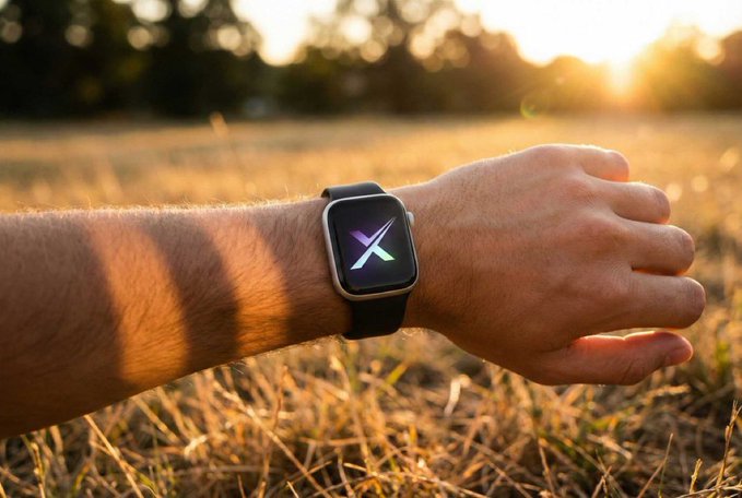 A person's hairy arm is extended in a field of dry grass at sunset, wearing a black smartwatch with a stylized, colorful "X" logo displayed on the screen.