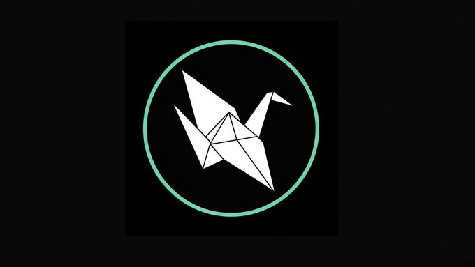 A minimalist logo featuring a white origami crane inside a teal circle on a black background.