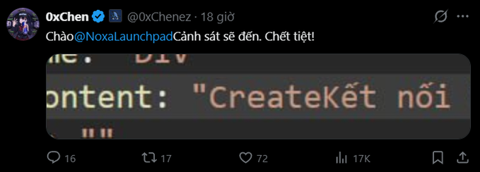 A screenshot of a tweet by @0xChenez tagging @NoxaLaunchpad with the Vietnamese caption "Cảnh sát sẽ đến. Chết tiệt!" and showing a code snippet with "CreateKết nối" text. The post highlights Noxa Launchpad as the top DEX on Robinhood, developed by a Vietnamese team that generated $15.5 million in fees over 30 days.