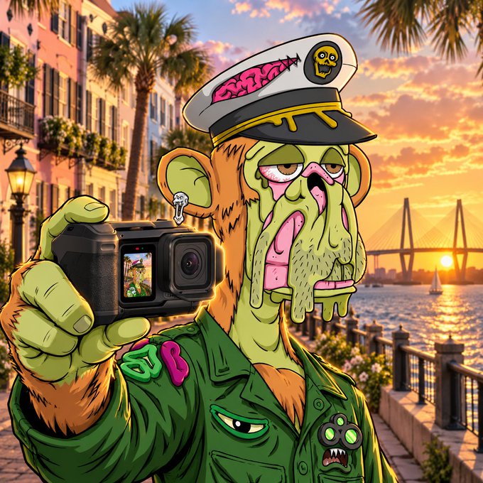 A cartoon-style illustration of a grotesque monkey character wearing a sailor hat and green shirt, holding a GoPro camera against a sunset waterfront backdrop.