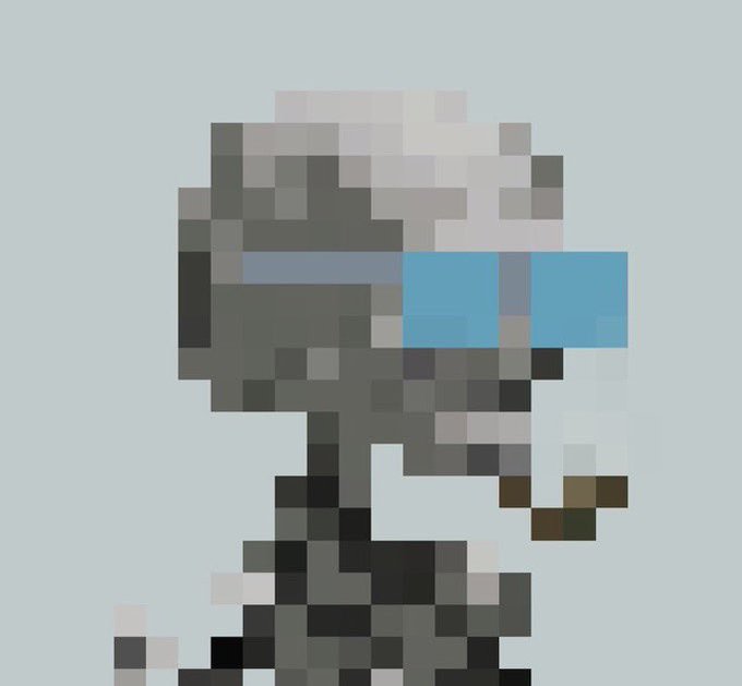 A heavily pixelated/mosaic-style image of what appears to be a figure in dark clothing against a light blue background.