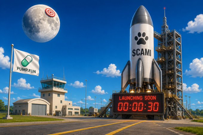A digital artwork of a rocket labeled '$CAMI' on a launchpad with a countdown timer reading '00:00:30', next to a building flying a 'PUMP.FUN' flag and a moon with a target symbol in the sky.