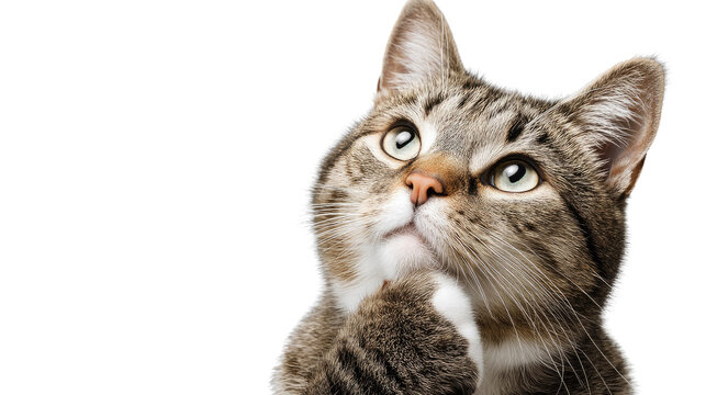 A close-up of a gray tabby cat gazing upward thoughtfully with its paw raised near its chin, conveying a contemplative or prayerful expression that visually reinforces the message about reflecting on blessings and remembering their origin.