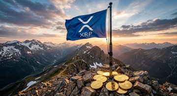 The image features a blue flag with the letters "XRP" written on it, flying high above some mountains at sunset. The setting sun casts a warm glow over the scene, creating a serene atmosphere. In the foreground, there are several gold coins scattered around, adding an element of opulence to the landscape. The combination of the flag and the coins suggests that the image is related to the ongoing negotiations for clarity in cryptocurrency regulations or the resumption of crypto exchanges after a break due to the COVID-19 pandemic.

The text "BREAKING: US SENATE TO RESUME XRP AND CRYPTO CLARITY ACT NEGOTIATIONS TODAY" indicates that there is an important event happening, possibly related to the regulation or reissuance of cryptocurrency exchanges and ICOs in the United States. The image captures a moment when the world seems to be moving towards greater clarity and understanding of these emerging technologies.