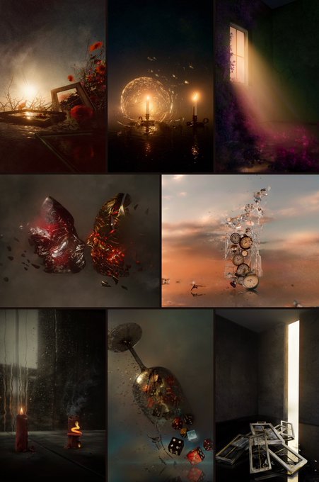 A collage of nine dark, atmospheric, surreal artistic images featuring candles, broken butterflies with red glowing centers, a mechanical sculpture at sunset, a figure with a clock head in a forest, and other dreamlike compositions.