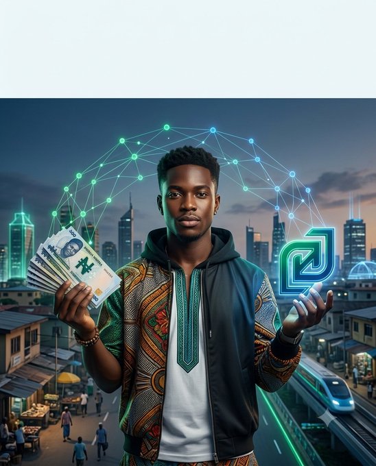 A young man in traditional African attire holding Nigerian naira banknotes while a digital network and a floating refresh icon hover near his hand against a cityscape backdrop.