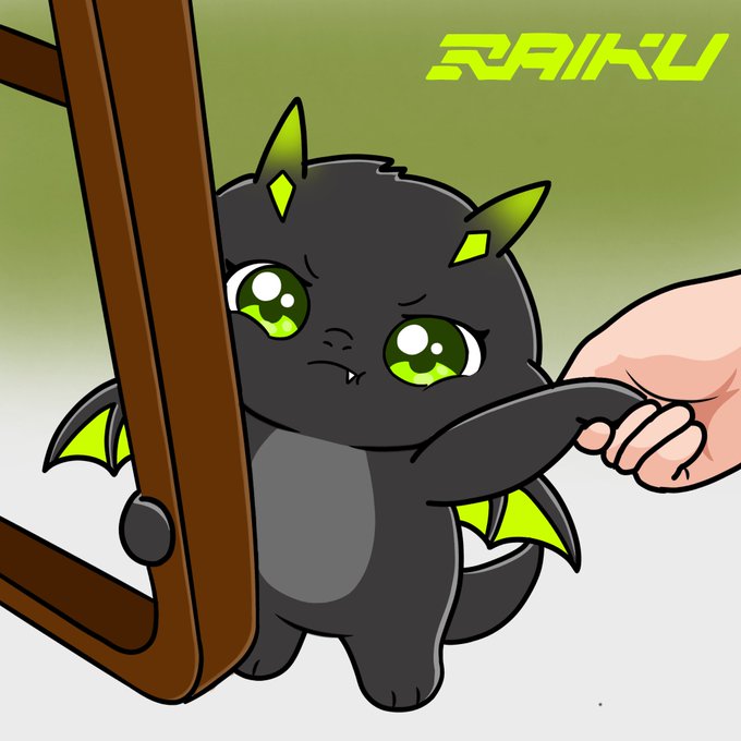 An illustration labeled RAIKU shows a cute dark bat-like creature with neon green accents reaching toward a human hand beside a wooden frame.