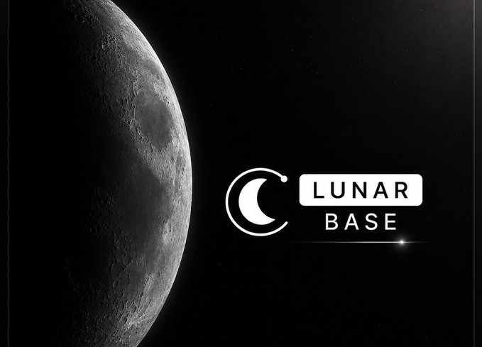 A space-themed logo design featuring a large detailed moon on the left and the text 'LUNAR BASE' alongside a crescent moon icon on the right, set against a starry black background.
