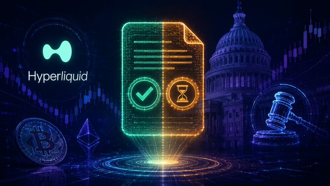 A digital graphic promoting Hyperliquid, showing a glowing document with a checkmark and hourglass, alongside crypto symbols, a Bitcoin coin, and a building resembling the U.S. Capitol.