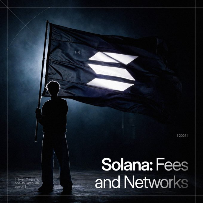 A stylized promotional image showing a silhouette of a person holding a large Solana flag, with the text 'Solana: Fees and Networks' and a tagline '1win Token is one to keep an eye on'.