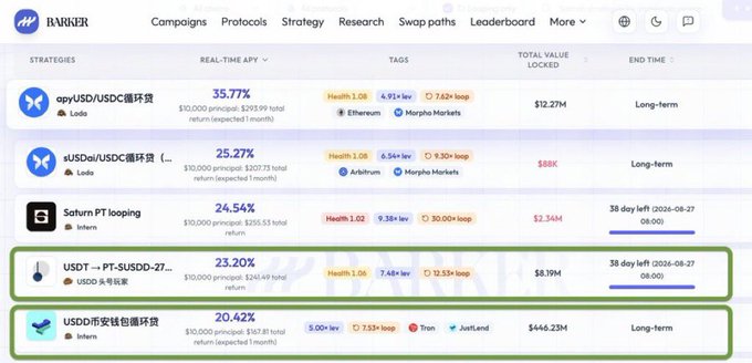 A DeFi dashboard for the 'Banxieli' platform lists strategies including 'apyUSD/USDC' and 'USDT → PT-SUSDD-27', highlighting APYs of 35.77%, 25.27%, and 20.42% with green boxes.