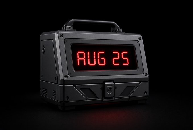 A rugged black industrial case with a carrying handle displays a glowing red LED countdown reading "AUG 25," visually marking the date teased in the post as the launch date for the upcoming crypto gaming event. The briefcase's sturdy, tactical design suggests something valuable or explosive is being contained within, building anticipation for the August 25th reveal.