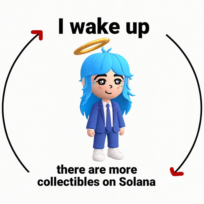 An animated figure with blue hair and a halo wears a blue suit, surrounded by circular arrows and text reading 'I wake up' and 'there are more collectibles on Solana'.