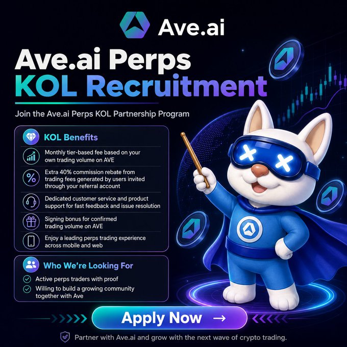 The image features a cartoon cat dressed as a superhero wearing a blue cape and mask, holding a wand. The text of the image includes the words "Ave.ai Perps KOL Partnership Program" and "join the Ave.ai Perps KOL Partnership Program". This suggests that the image is promoting an online program or service related to trading and investing in cryptocurrency.