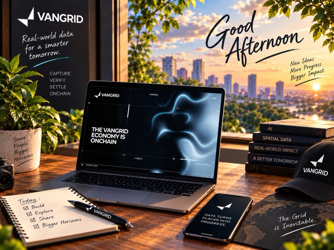 A 'Good Afternoon' digital illustration promoting VANGRID with a laptop on a desk, notepad reading 'Today: Build, Explore, Share, Bigger Horizons', and branded merchandise against a city skyline at sunset.