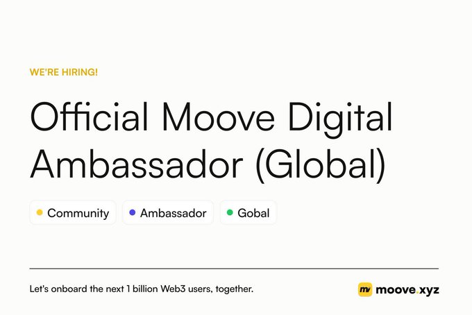 The image features a white background with black text that reads "We're hiring! Official Mooove Digital Ambassador (Global)". The text also includes links to the company's website and social media pages, as well as information about the role of an ambassador for their platform.