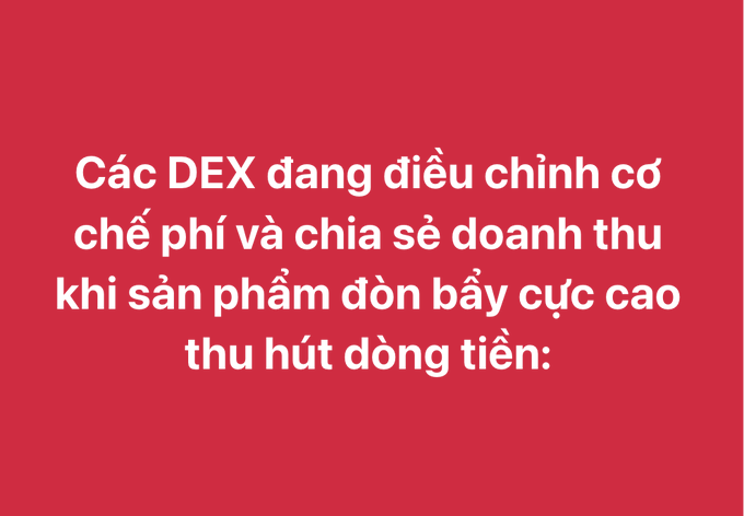 A red graphic with white Vietnamese text reading: 'Các DEX đang điều chỉnh cơ chế phí và chia sẻ doanh thu khi sản phẩm đơn bẩy cực cao thu hút dòng tiền:' which translates to a statement about DEXs adjusting fee mechanisms and revenue sharing.
