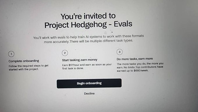 A screenshot of a "Project Hedgehog - Evals" invitation page on the Handshake platform, offering $17/hour for AI training tasks with no earning limits, showing a "Begin onboarding" button that the client has just received on their dashboard.