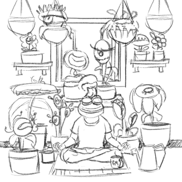 A hand-drawn sketch of a person meditating in a cross-legged yoga pose surrounded by potted plants, hanging planters, and small creatures in a cozy indoor garden setting.