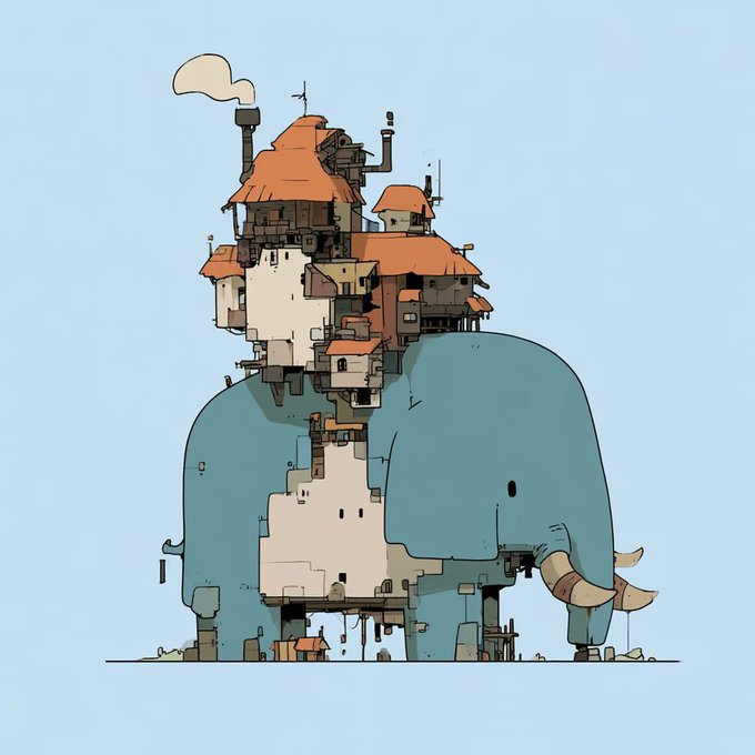 A whimsical illustration of a large blue elephant carrying a multi-tiered village or fortress structure with orange roofs on its back.