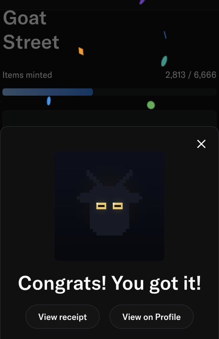 A Goat Street NFT minting confirmation showing 'Congrats! You got it!' with 2,813/6,666 items minted and a pixelated black character with yellow eyes.