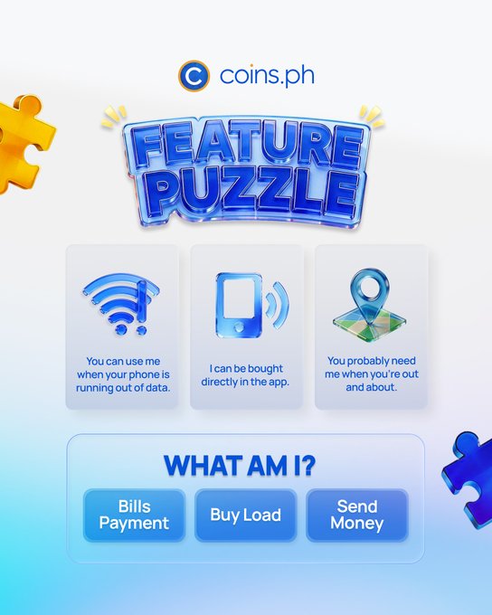 A promotional graphic for coins.ph featuring a 'FEATURE PUZZLE' game with options for Bills Payment, Buy Load, and Send Money, accompanied by icons for WiFi, mobile service, and location services.
