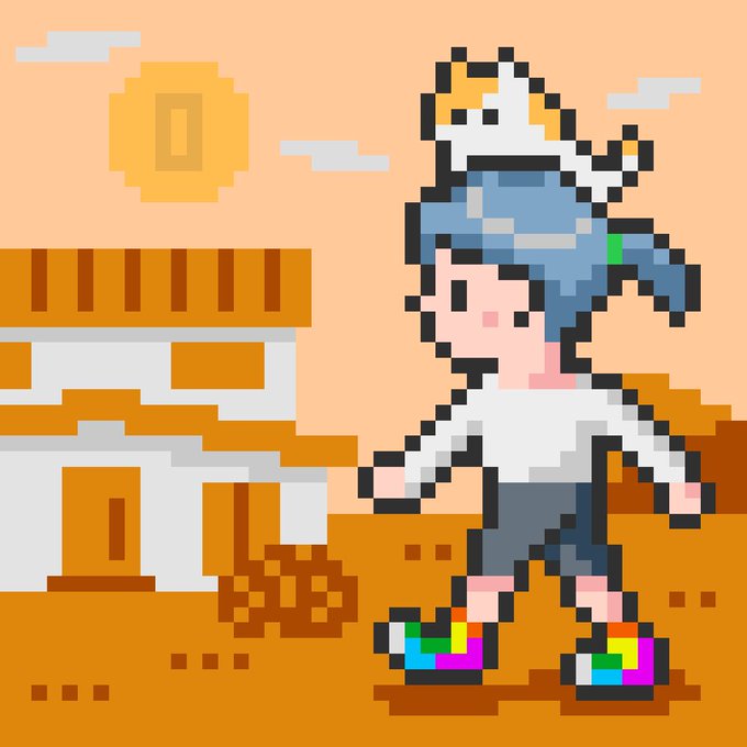 A pixel art illustration of a character with blue hair and a white hat running in a desert/western town setting under a bright sun.
