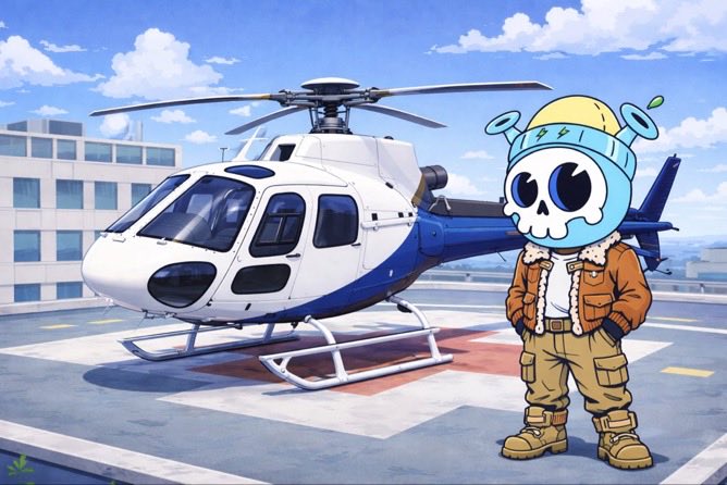 An anime-style character with a skull head and a yellow/blue cap standing next to a white and blue helicopter on a rooftop helipad.