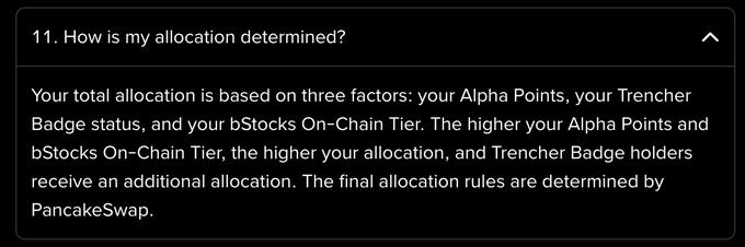 A FAQ section answers 'How is my allocation determined?' stating that total allocation depends on Alpha Points, Trencher Badge status, and bStocks On-Chain Tier, with final rules determined by PancakeSwap.